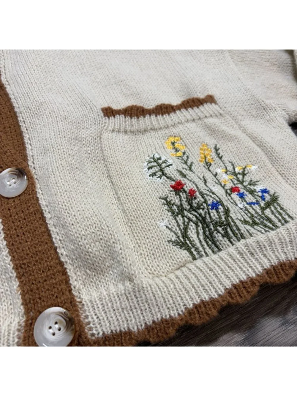 Cottagecore Beige Knit Cardigan 1XL Floral Embroidery Pockets Button Spring NEW - Picture 13 of 16
